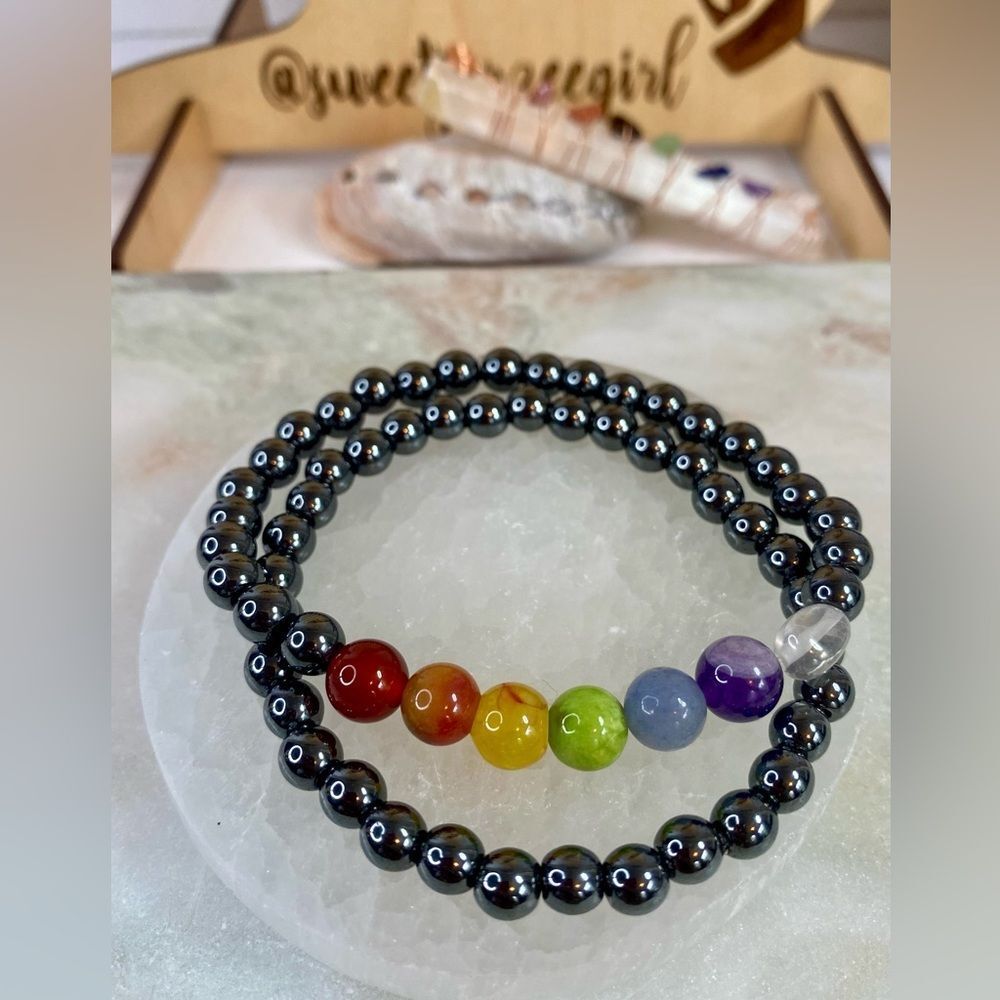 Handmade Hematite Rainbow Chakra Mixed Gemstone Bead Bracelet Set